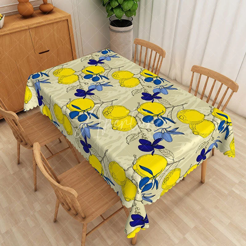 Aperturee - Aperturee Mediterranean Lemon and Blue Leaf Rectangle Tablecloth Sketch Style Fruit Table Cover Italian Dining Decor