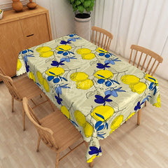 Aperturee - Aperturee Mediterranean Lemon and Blue Leaf Rectangle Tablecloth Sketch Style Fruit Table Cover Italian Dining Decor