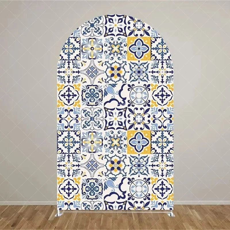 Aperturee - Aperturee Mediterranean Lemon Arch Backdrop Blue Tile and Yellow Lemons Background Italian Style Wedding Arch Cover