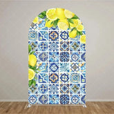 Aperturee - Aperturee Mediterranean Lemon Arch Backdrop Blue Tile and Yellow Lemons Background Italian Style Wedding Arch Cover