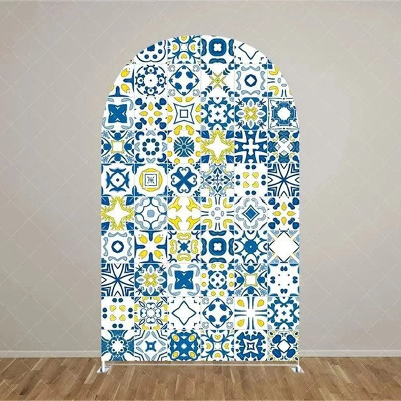 Aperturee - Aperturee Mediterranean Lemon Arch Backdrop Blue Tile and Yellow Lemons Background Italian Style Wedding Arch Cover