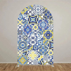 Aperturee - Aperturee Mediterranean Lemon Arch Backdrop Blue Tile and Yellow Lemons Background Italian Style Wedding Arch Cover