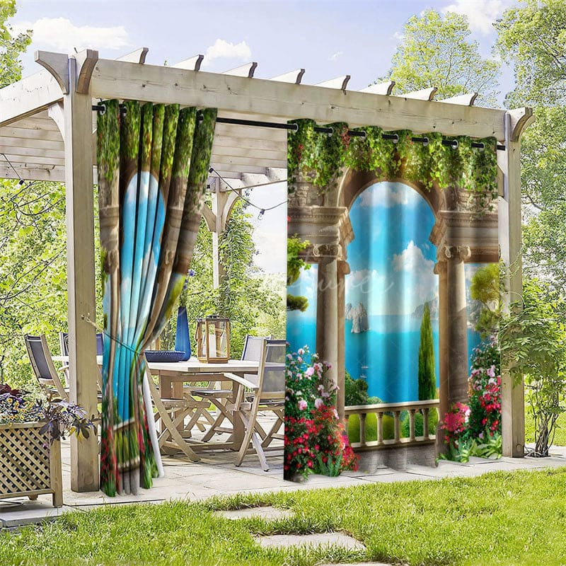 Aperturee - Aperturee Mediterranean View Waterproof Printed Outdoor Curtains