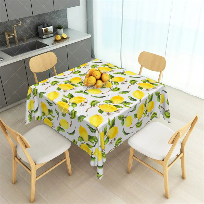 Aperturee - Aperturee Mediterranean Yellow Lemon Rectangle Tablecloth Fresh Fruit and Leaf Pattern Table Cover for Kitchen