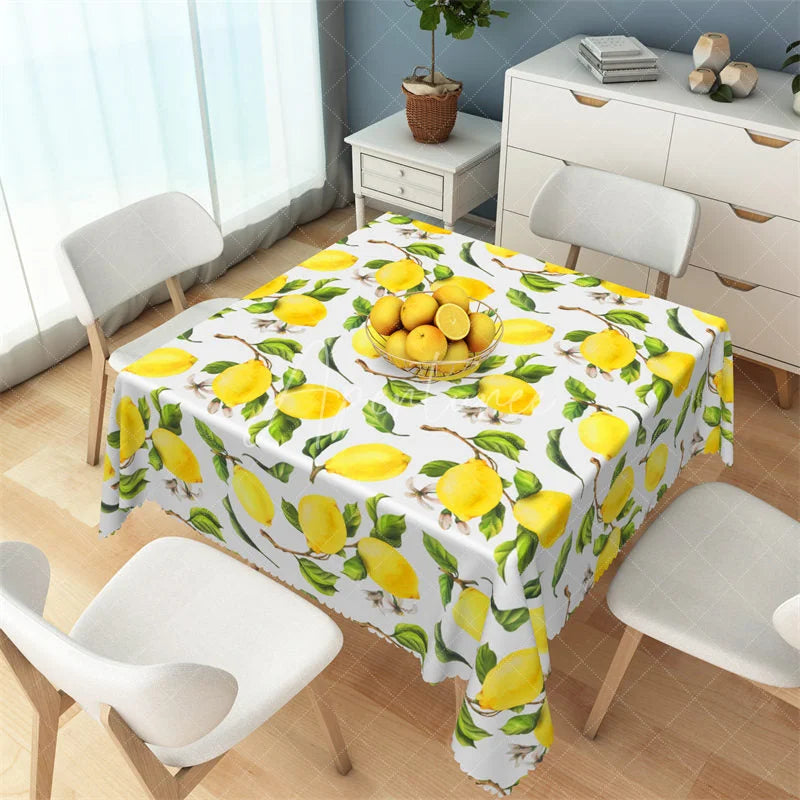 Aperturee - Aperturee Mediterranean Yellow Lemon Rectangle Tablecloth Fresh Fruit and Leaf Pattern Table Cover for Kitchen