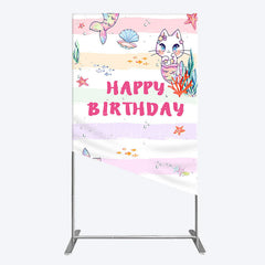 Aperturee - Aperturee Mermaid Cat Cartoon Happy Birthday Rectangle Backdrop