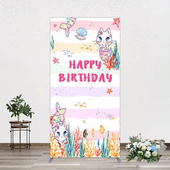 Aperturee - Aperturee Mermaid Cat Cartoon Happy Birthday Rectangle Backdrop