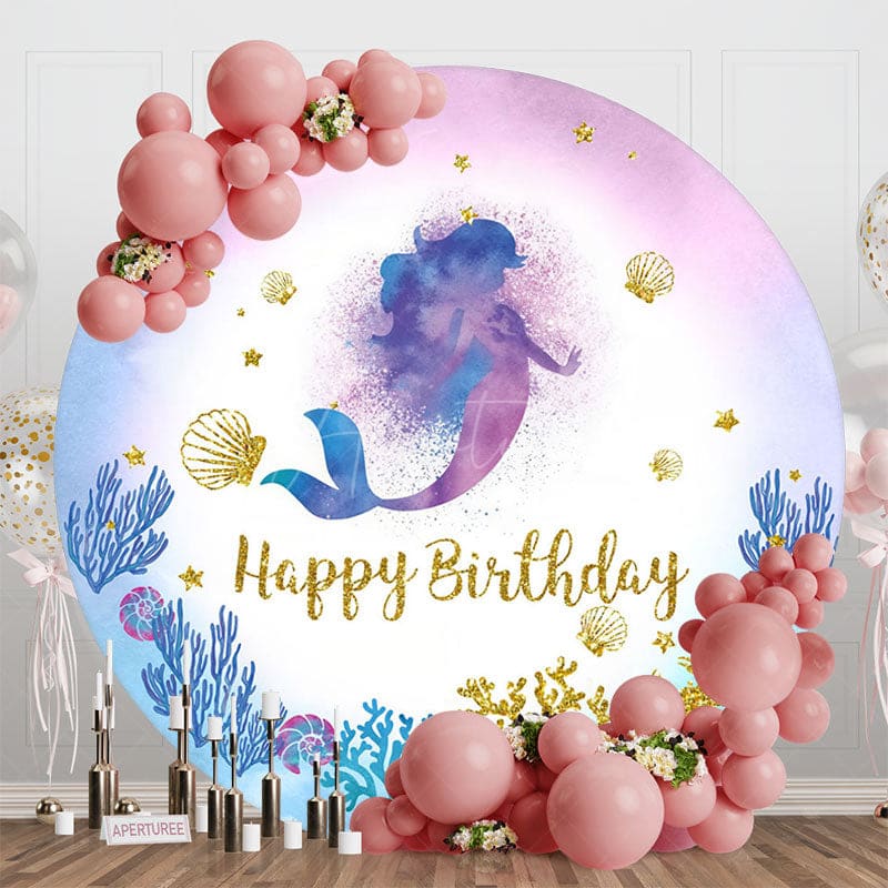 Aperturee - Aperturee Mermaid Coral Gold Glitter Round Birthday Backdrop