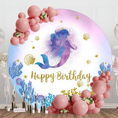 Aperturee - Aperturee Mermaid Coral Gold Glitter Round Birthday Backdrop