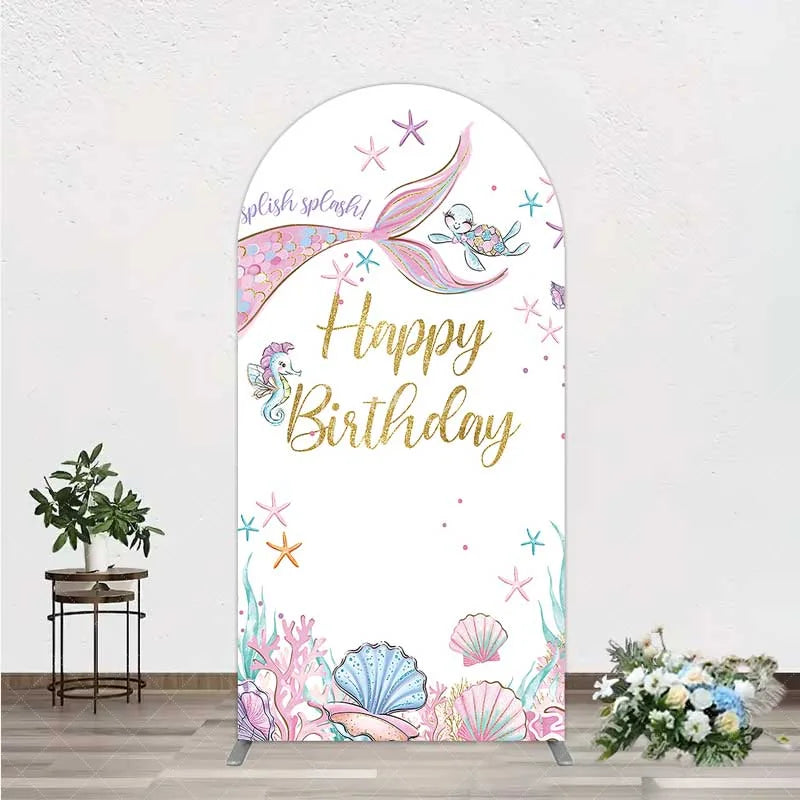 Aperturee - Aperturee Mermaid Happy Birthday Arch Backdrop Under the Sea Ocean Theme Girl Party Decoration