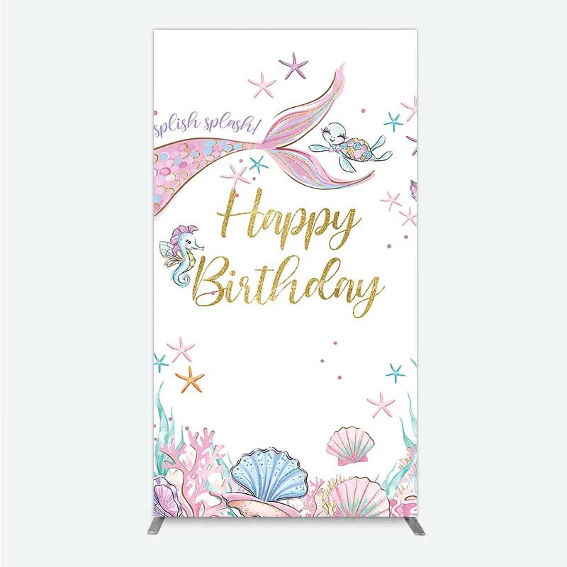 Aperturee - Aperturee Mermaid Happy Birthday Rectangle Backdrop Under the Sea Ocean Theme Girl Party Decoration