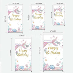 Aperturee - Aperturee Mermaid Happy Birthday Rectangle Backdrop Under the Sea Ocean Theme Girl Party Decoration