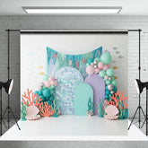 Aperturee - Aperturee Mermaid Scale Under the Sea Backdrop Pastel Coral and Shell for Birthday Cake Smash