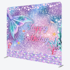 Aperturee - Aperturee Mermaid Tail Happy Birthday Double-Sided Tension Fabric Backdrop Under the Sea Party Glitter Photo Booth