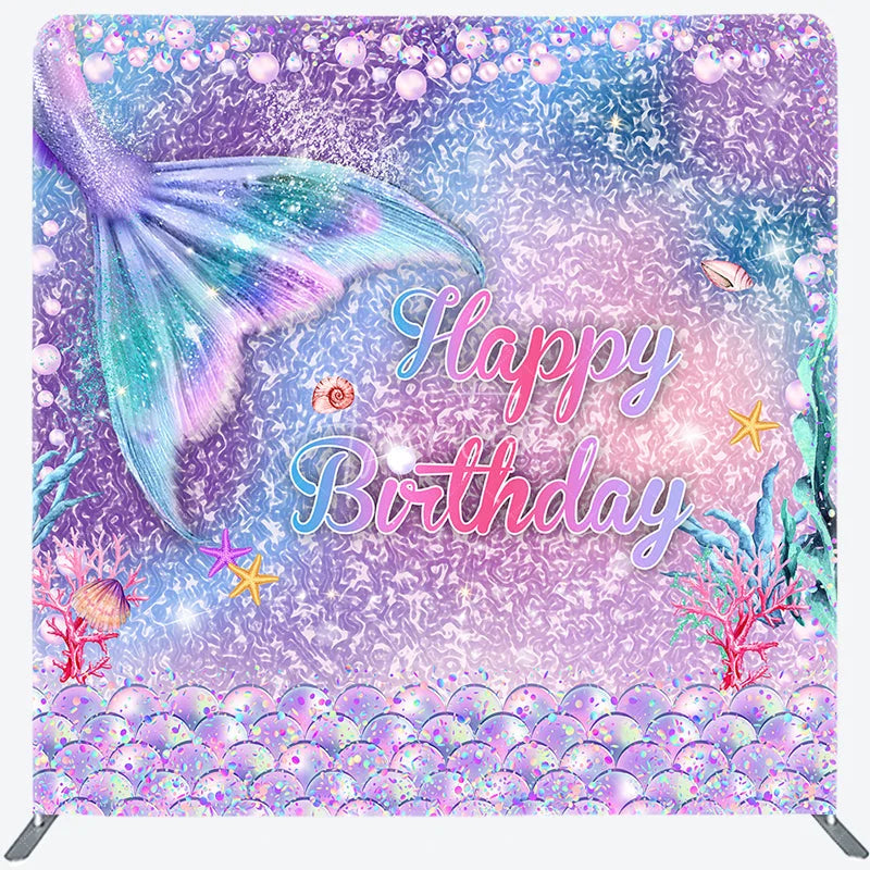 Aperturee - Aperturee Mermaid Tail Happy Birthday Double-Sided Tension Fabric Backdrop Under the Sea Party Glitter Photo Booth