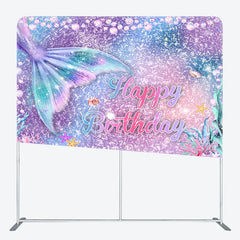Aperturee - Aperturee Mermaid Tail Happy Birthday Double-Sided Tension Fabric Backdrop Under the Sea Party Glitter Photo Booth
