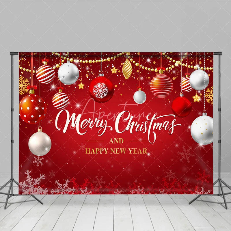 Aperturee - Aperturee Merry Christmas and Happy New Year Backdrop Red and Gold Ornaments Winter Holiday Party Photo Booth Decor