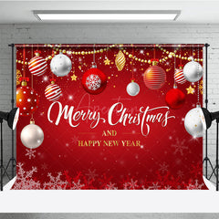 Aperturee - Aperturee Merry Christmas and Happy New Year Backdrop Red and Gold Ornaments Winter Holiday Party Photo Booth Decor