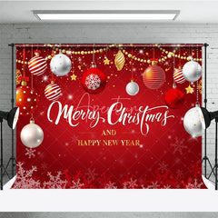 Aperturee - Aperturee Merry Christmas and Happy New Year Backdrop Red and Gold Ornaments Winter Holiday Party Photo Booth Decor