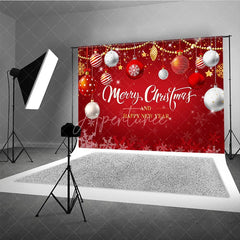 Aperturee - Aperturee Merry Christmas and Happy New Year Backdrop Red and Gold Ornaments Winter Holiday Party Photo Booth Decor
