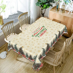 Aperturee - Aperturee Merry Christmas and Happy New Year Rectangle Tablecloth Creamy Beige with Trees Snowflake Holiday Decor