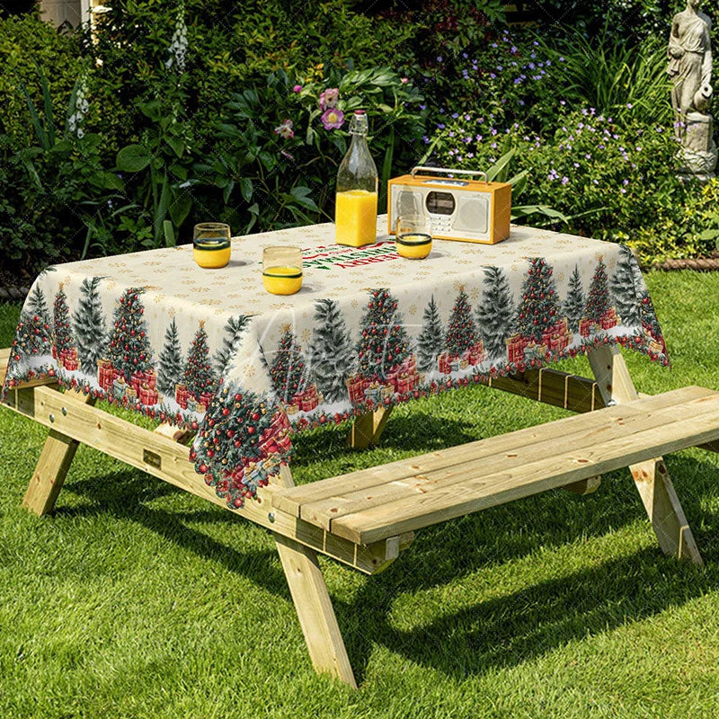 Aperturee - Aperturee Merry Christmas and Happy New Year Rectangle Tablecloth Creamy Beige with Trees Snowflake Holiday Decor