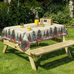 Aperturee - Aperturee Merry Christmas and Happy New Year Rectangle Tablecloth Creamy Beige with Trees Snowflake Holiday Decor