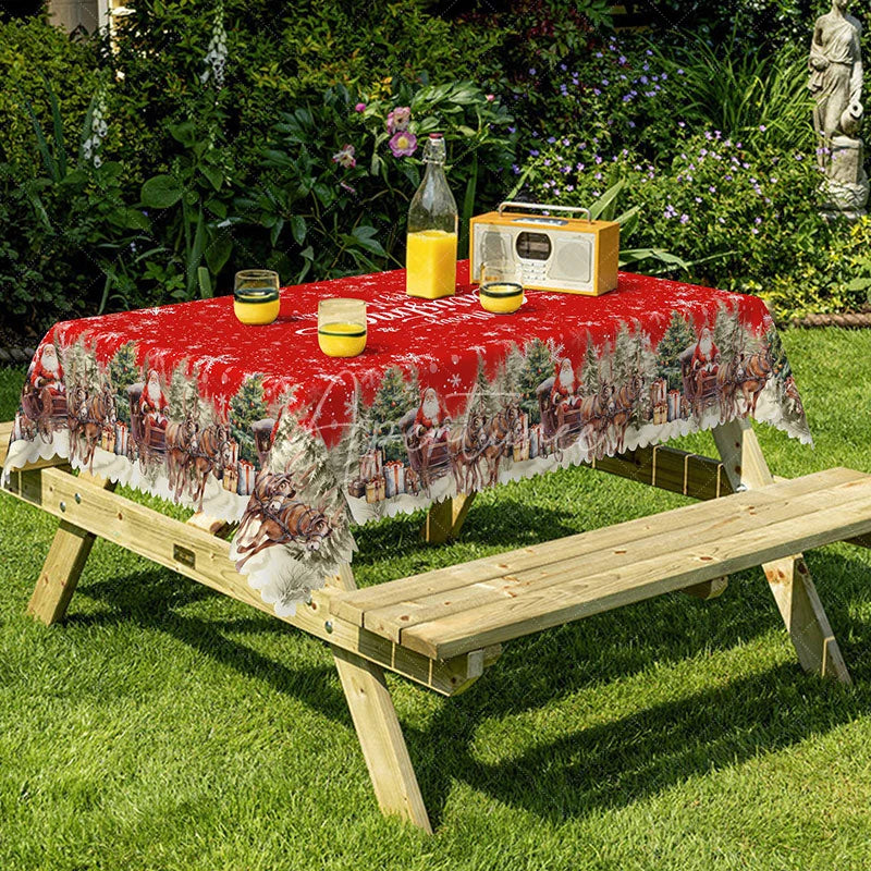 Aperturee - Aperturee Merry Christmas and Happy New Year Red Rectangle Tablecloth Snowy Village Scene Winter Holiday Dining Decor