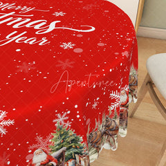 Aperturee - Aperturee Merry Christmas and Happy New Year Red Round Tablecloth Santa’s Sleigh Snowy Village Holiday Decor
