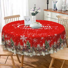 Aperturee - Aperturee Merry Christmas and Happy New Year Red Round Tablecloth Santa’s Sleigh Snowy Village Holiday Decor