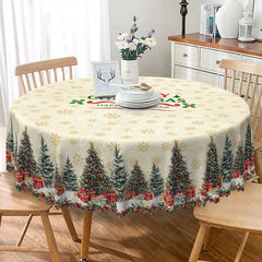 Aperturee - Aperturee Merry Christmas and Happy New Year Round Tablecloth Creamy Beige with Trees Snowflake Holiday Decor