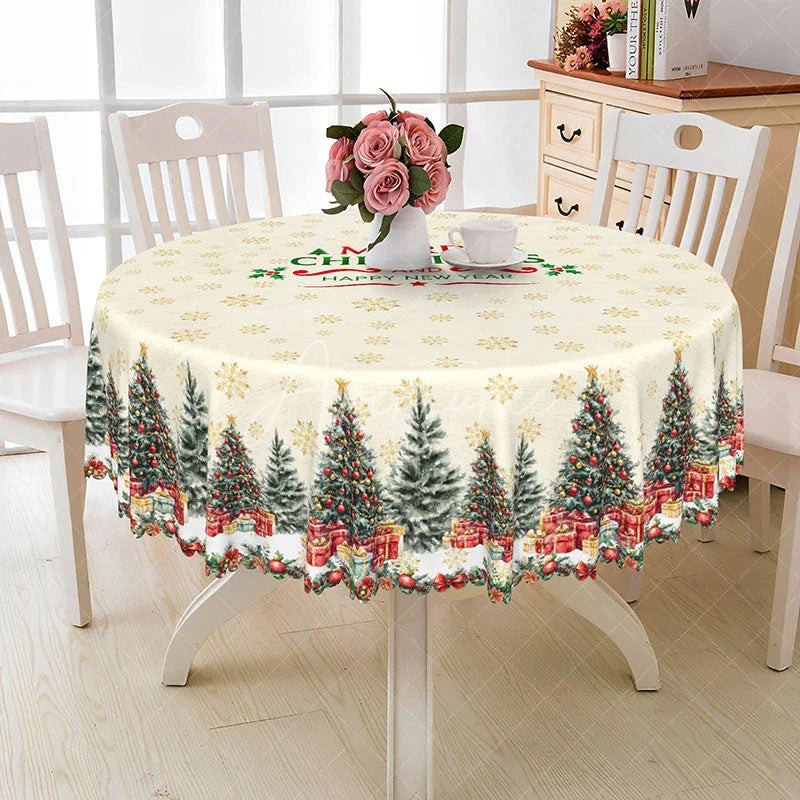 Aperturee - Aperturee Merry Christmas and Happy New Year Round Tablecloth Creamy Beige with Trees Snowflake Holiday Decor