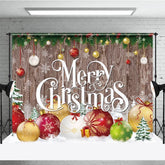 Aperturee - Aperturee Merry Christmas Backdrop with Rustic Wood and Colorful Ornaments Farmhouse Holiday Winter Party Decor