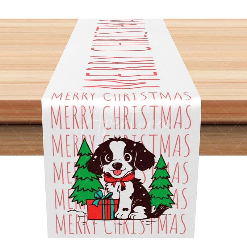 Aperturee - Aperturee Merry Christmas Cute Dog with Christmas Tree Table Runner Red and White Holiday Pet Lover Decor
