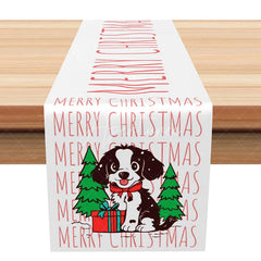 Aperturee - Aperturee Merry Christmas Cute Dog with Christmas Tree Table Runner Red and White Holiday Pet Lover Decor