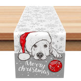 Aperturee - Aperturee Merry Christmas Dog with Santa Hat Table Runner Grey Snowflake Cute Pet Lover Holiday Decor