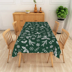Aperturee - Aperturee Merry Christmas Rectangle Tablecloth Green with White Holly Snowflake Winter Holiday Table Cover Decor