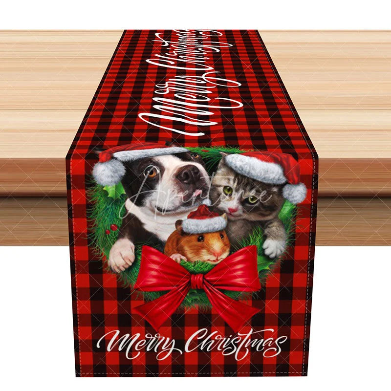 Aperturee - Aperturee Merry Christmas Red Buffalo Plaid Table Runner Cute Pets with Santa Hats Farmhouse Holiday Decor