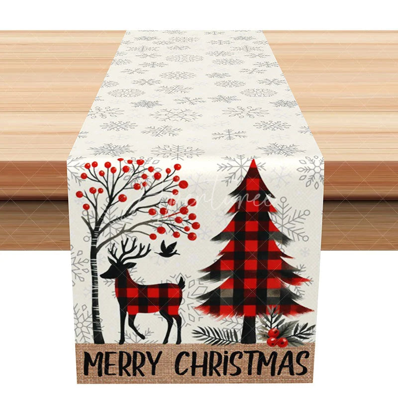 Aperturee - Aperturee Merry Christmas Red Buffalo Plaid Table Runner Rustic Reindeer and Tree Farmhouse Holiday Decor