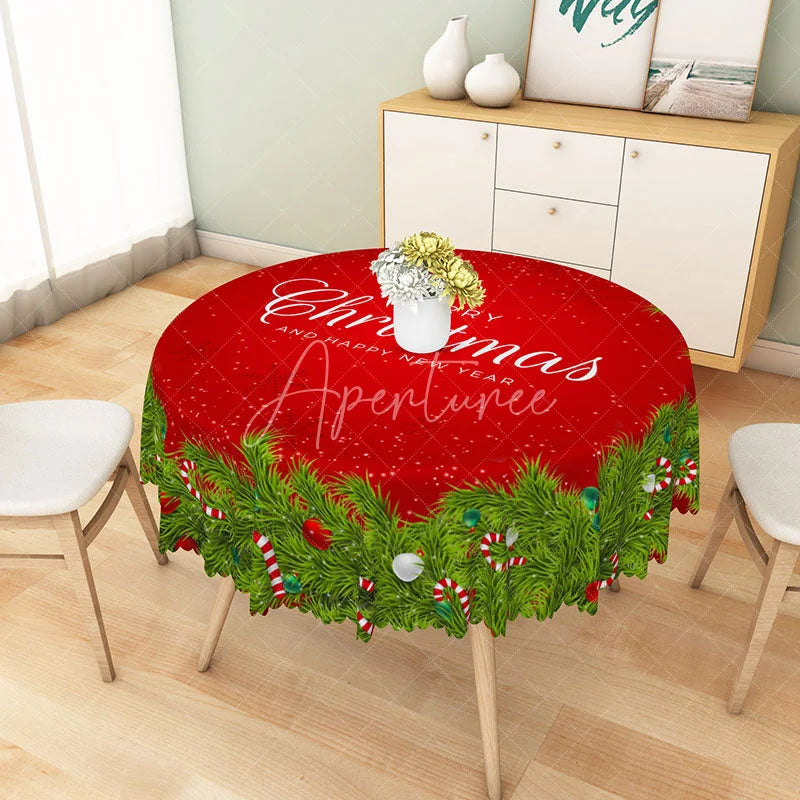 Aperturee - Aperturee Merry Christmas Red Round Tablecloth with Green Pine Garland Border Simple Holiday Dining Table Decor