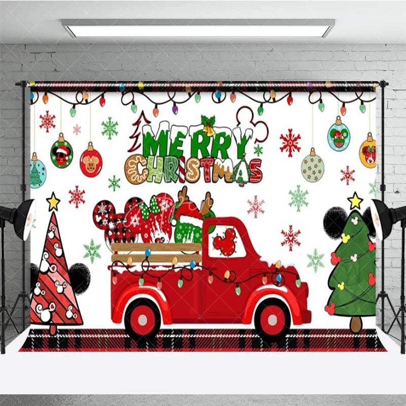 Aperturee - Aperturee Merry Christmas Red Truck Backdrop with Mouse Ears Plaid Accents and Lights Cartoon Holiday Party Decor