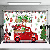 Aperturee - Aperturee Merry Christmas Red Truck Backdrop with Mouse Ears Plaid Accents and Lights Cartoon Holiday Party Decor