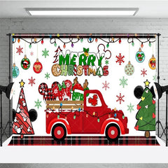 Aperturee - Aperturee Merry Christmas Red Truck Backdrop with Mouse Ears Plaid Accents and Lights Cartoon Holiday Party Decor