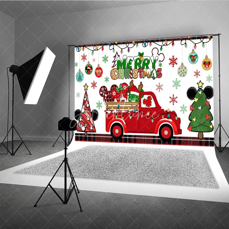 Aperturee - Aperturee Merry Christmas Red Truck Backdrop with Mouse Ears Plaid Accents and Lights Cartoon Holiday Party Decor