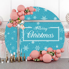 Aperturee - Aperturee Merry Christmas Round Backdrop Blue Snowflake Gift Box Silver Ribbon Jingle Bells Holiday Party Decor