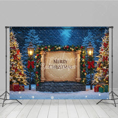 Aperturee - Aperturee Merry Christmas Scroll Photography Backdrop Snowy Night Scene with Lanterns Holiday Mini Session Background