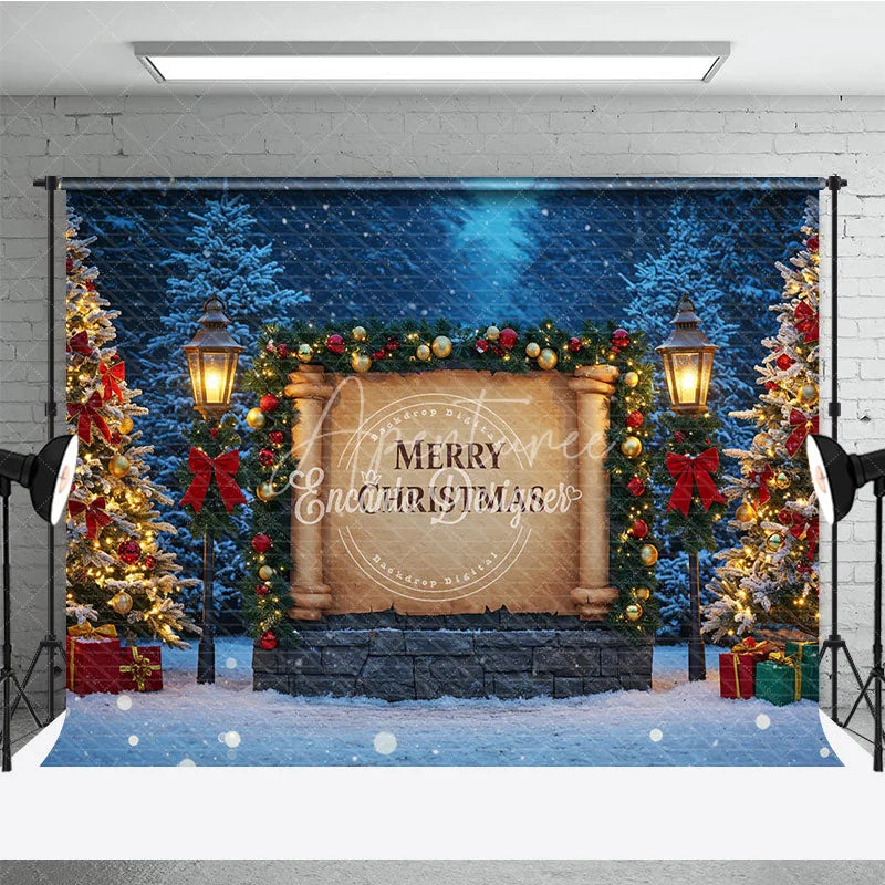 Aperturee - Aperturee Merry Christmas Scroll Photography Backdrop Snowy Night Scene with Lanterns Holiday Mini Session Background