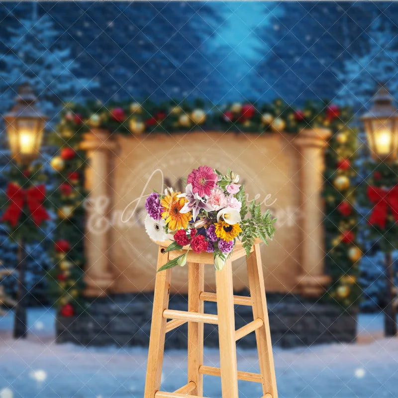 Aperturee - Aperturee Merry Christmas Scroll Photography Backdrop Snowy Night Scene with Lanterns Holiday Mini Session Background