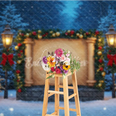 Aperturee - Aperturee Merry Christmas Scroll Photography Backdrop Snowy Night Scene with Lanterns Holiday Mini Session Background