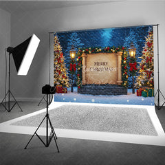 Aperturee - Aperturee Merry Christmas Scroll Photography Backdrop Snowy Night Scene with Lanterns Holiday Mini Session Background